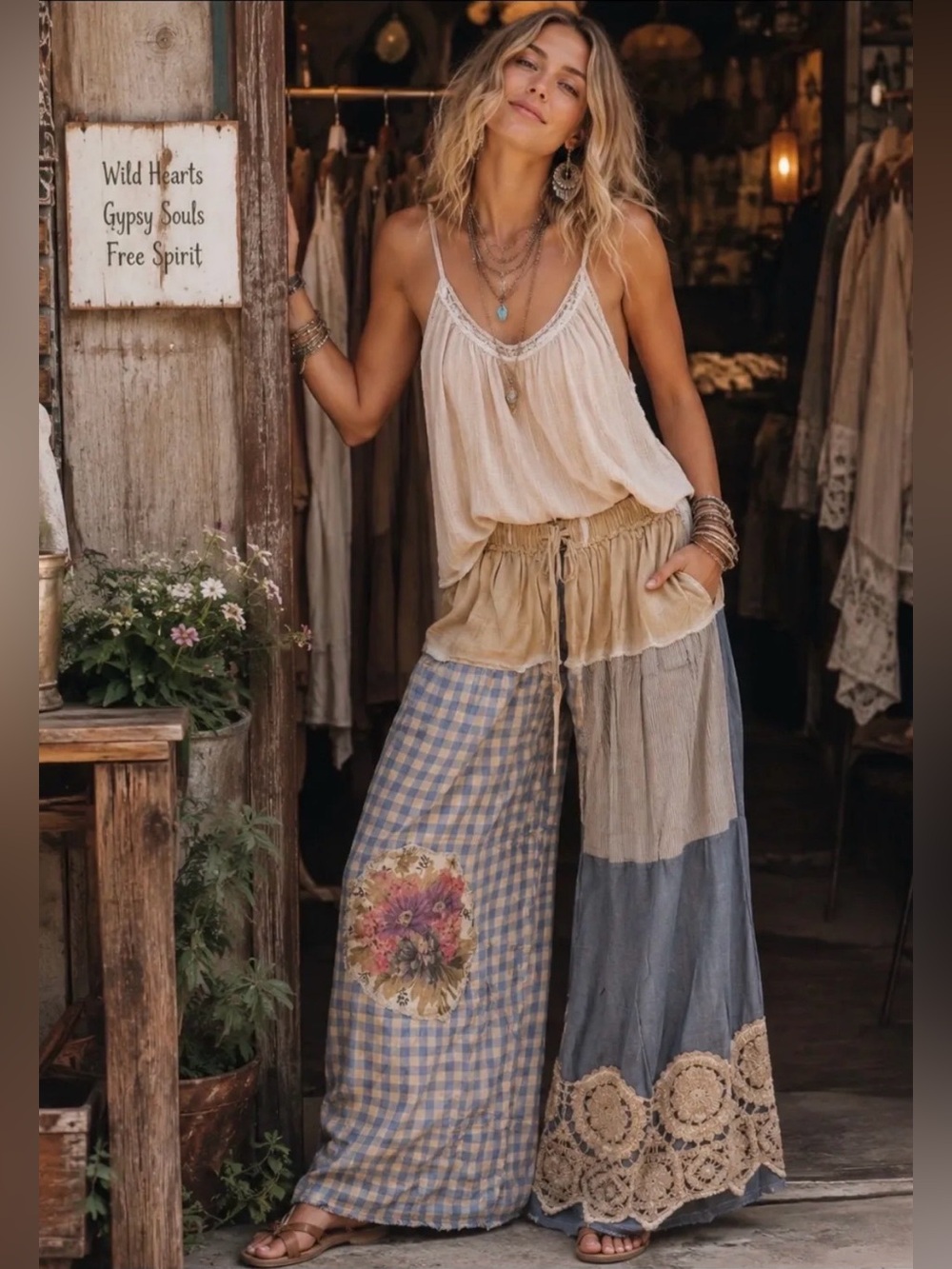NWT Jaded Gypsy Found Treasure Bohemian Patchwork Wide-Leg Pants - OS
